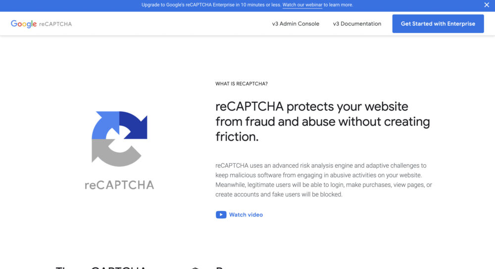 Google reCAPTCHAのトップページ