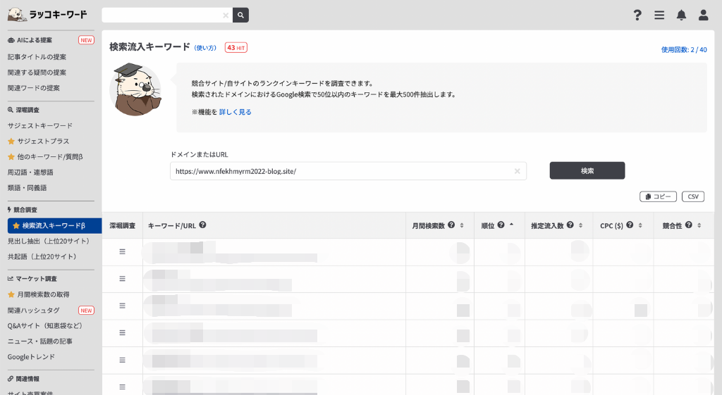 検索流入キーワードの一覧