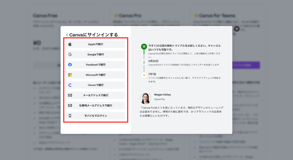 希望の方法でCanvaにサインイン