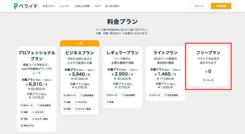 ペライチの料金プラン