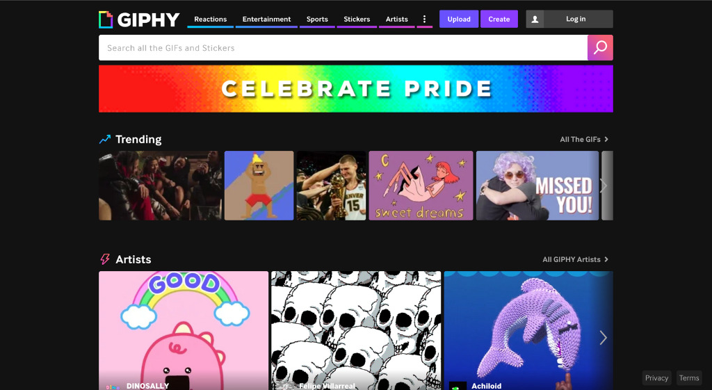 GIPHY公式サイトのトップページ