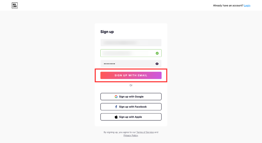 「SIGN UP WITH EMAIL」をクリック